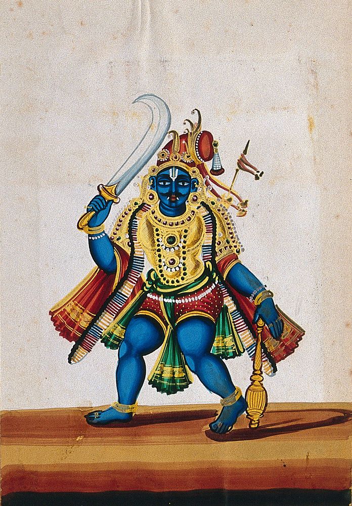 A blue-skinned swami carrying a sword and a mace. Gouache painting by an Indian artist.