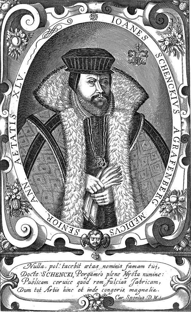 Joannes Schenck à Grafenberg, aged 45, wearing a hat and a cloak with a high fur collar. Line engraving, 1644.