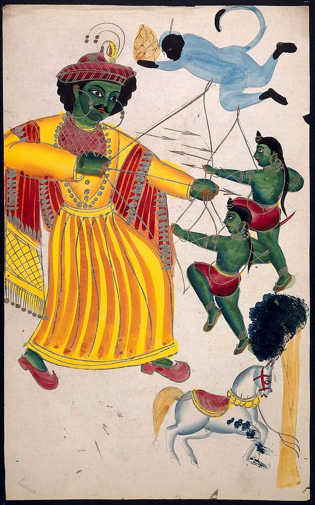 Rama fighting with his sons with the help of Hanuman over a horse sacrifice. Watercolour drawing.