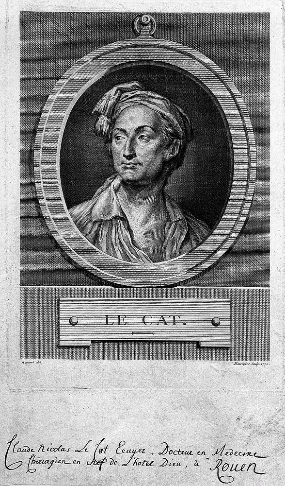 Claude Nicolas Le Cat. Line engraving by B. L. Henriquèz, 1771, after J. Restout.