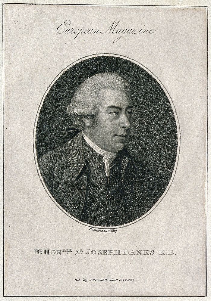 Sir Joseph Banks. Stipple engraving by Ridley, 1802, after J. Russell, 1788.