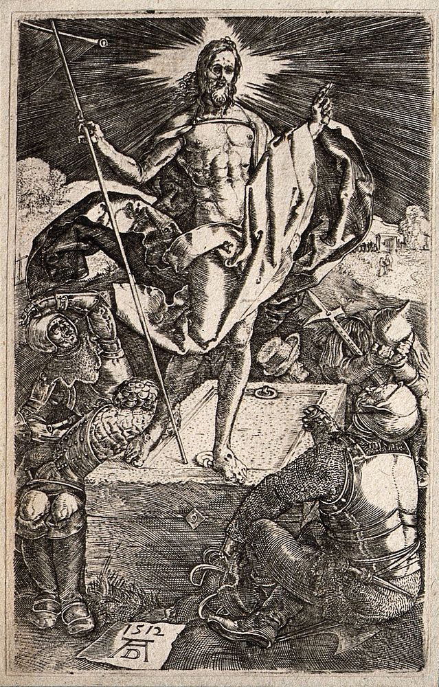 The resurrected Christ rises over terrified soldiers. Engraving after A. Dürer, 1512.