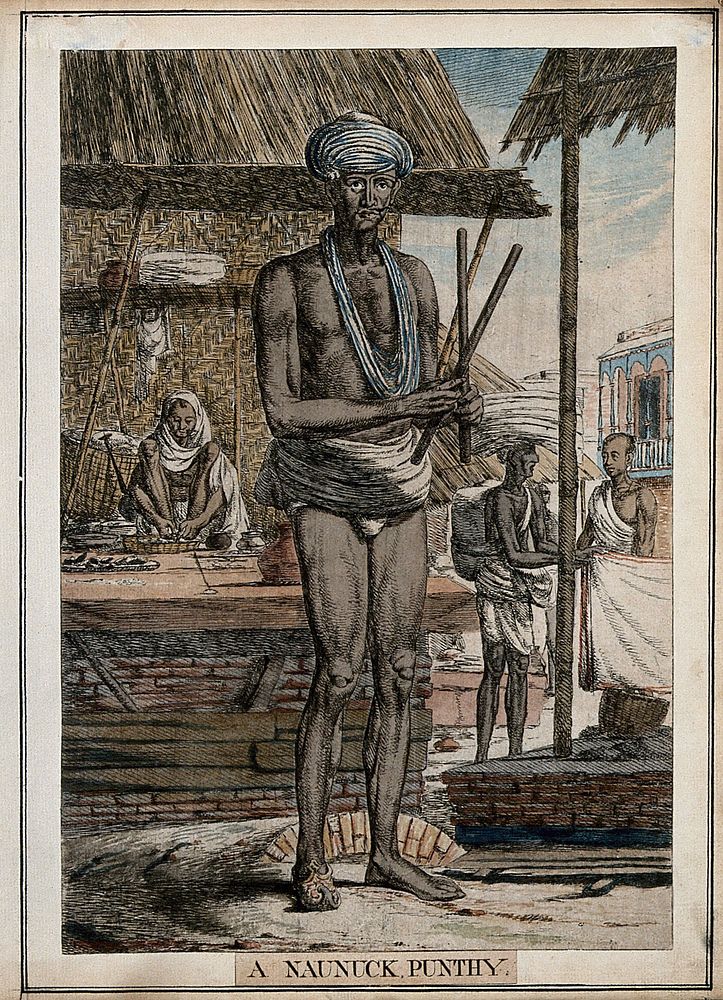 Hindu fakir with one shoe and half a moustache, Calcutta, West Bengal. Coloured etching by François Balthazar Solvyns, 1799.