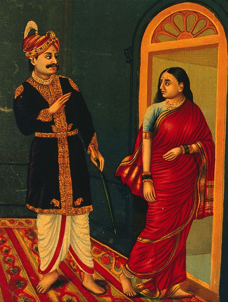 One of two scenes from the Naya-nayika set of lovers' quarrels. Chromolithograph.