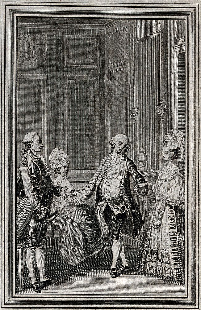 A young woman is introduced to a young man by an older man. Engraving and etching.