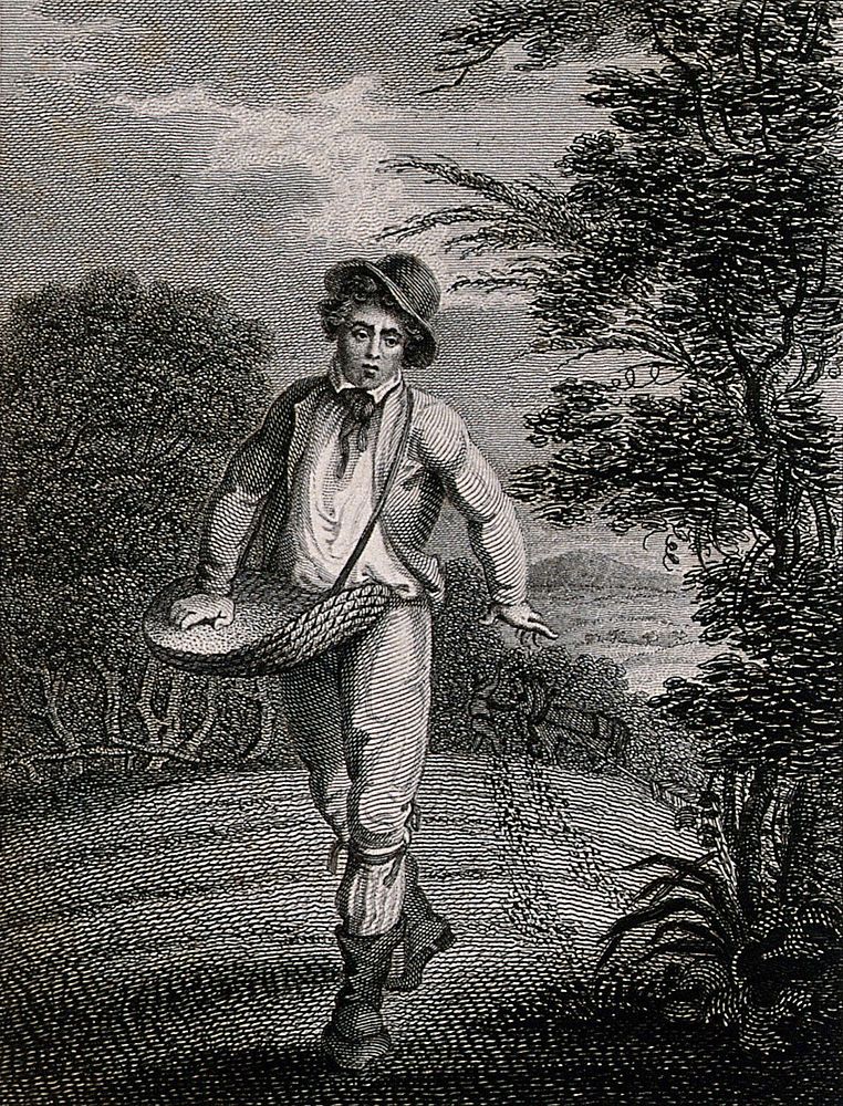 A young farmer's boy is sowing seed in the field. Engraving.