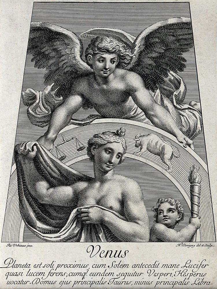 Astronomy: Venus with Cupid, and an angel above looking downward. Engraving by N. Dorigny, 1695, after Raphael, 1516.