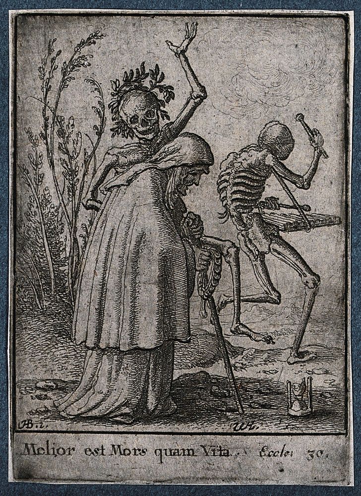 The dance of death: the old woman. Etching by Wenceslaus Hollar after Hans Holbein the younger.