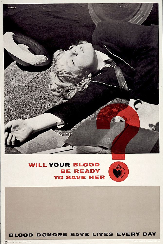 A schoolgirl knocked down by a motor car, indicating the need for blood donations. Colour lithograph after Reginald Mount…