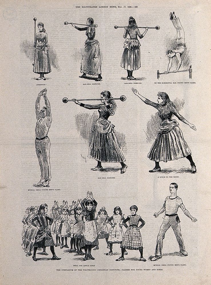 Men, women and children are performing a variety of physical exercises. Photolithograph, 1888.