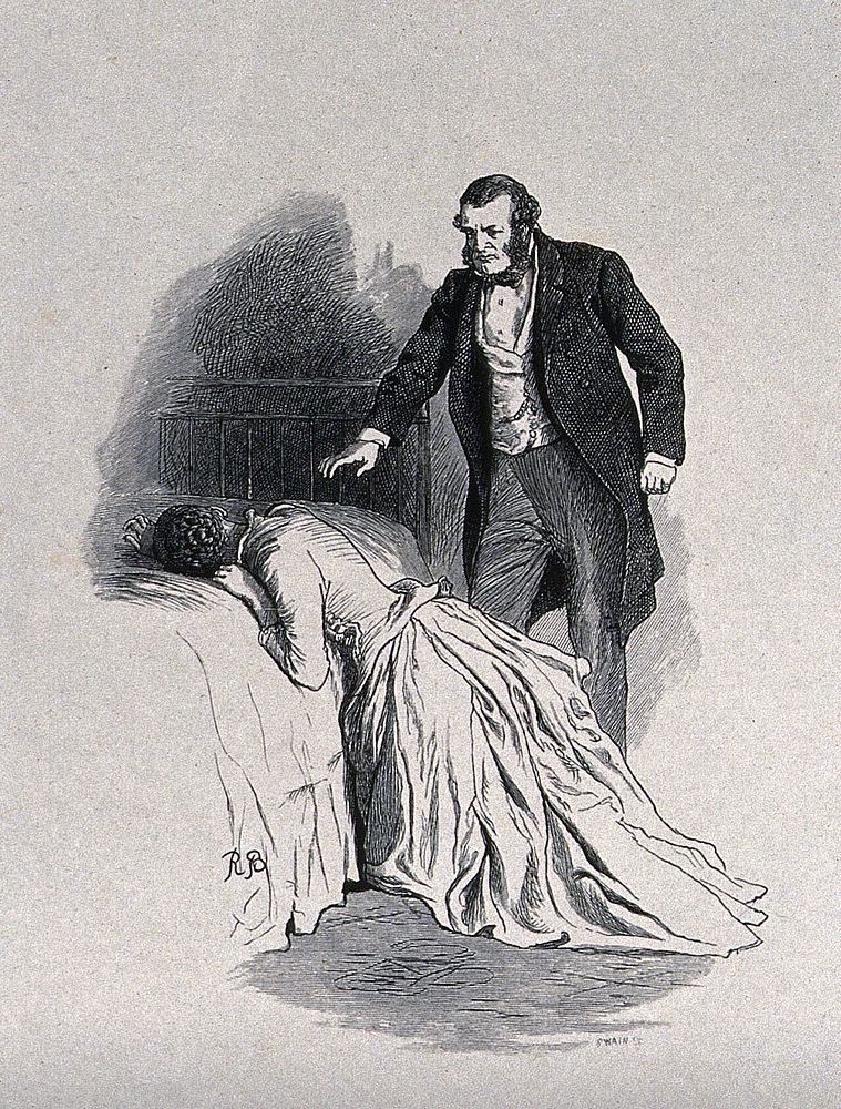 A father, having banished his daughter to her room, now seeks to console her. Wood engraving by J. Swain after R. Barnes.