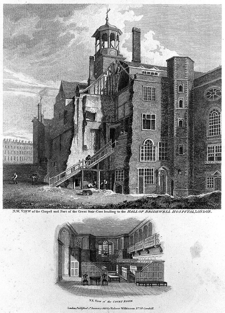Bridewell Hospital: a ruined corner of the courtyard and staircase, with a vignette of a room. Engraving by B. Howlett…