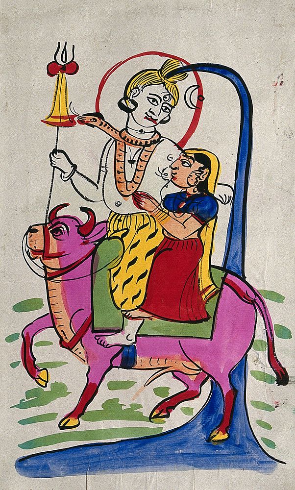 Page 122: Shiva and Parvati on Nandi bull. Watercolour drawing.