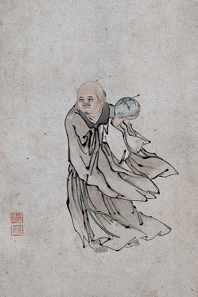 A Chinese man holding a bowl containing a spoon. Watercolour.