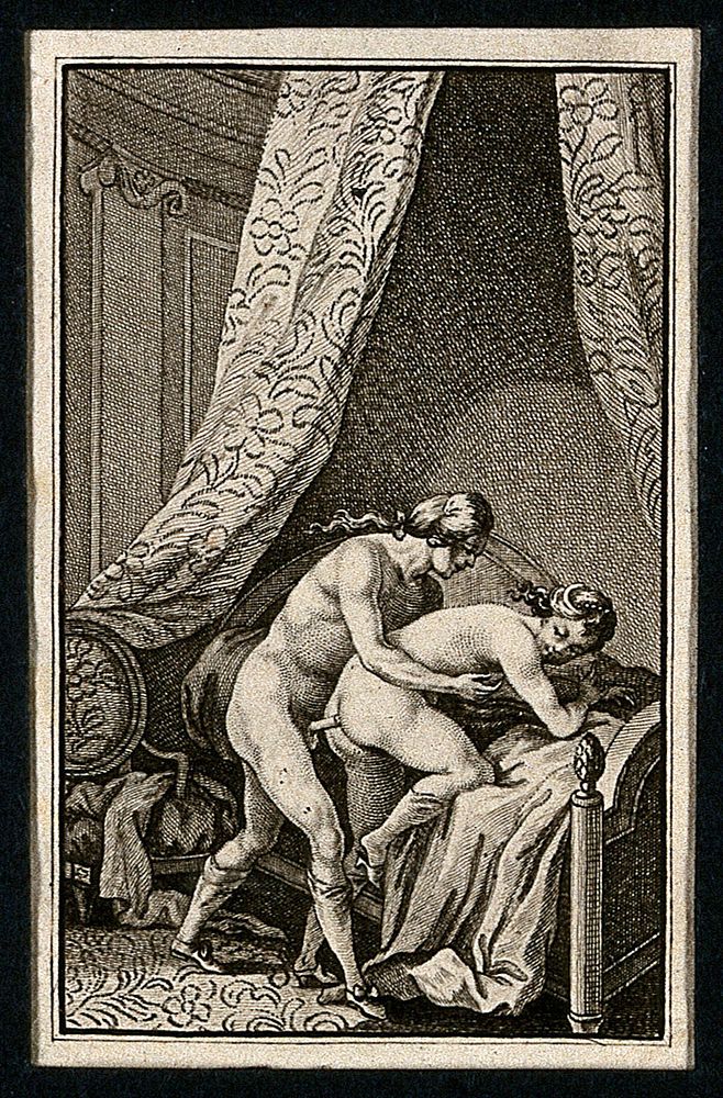 A man and a woman engaged in sexual intercourse leaning on a canopied neoclassical bed. Etching, ca. 1780.