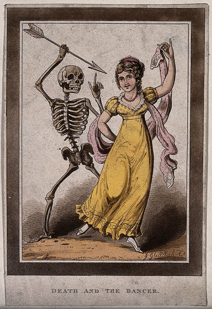Death points an arrow at a female dancer. Aquatint by J. Gleadah, 1822.
