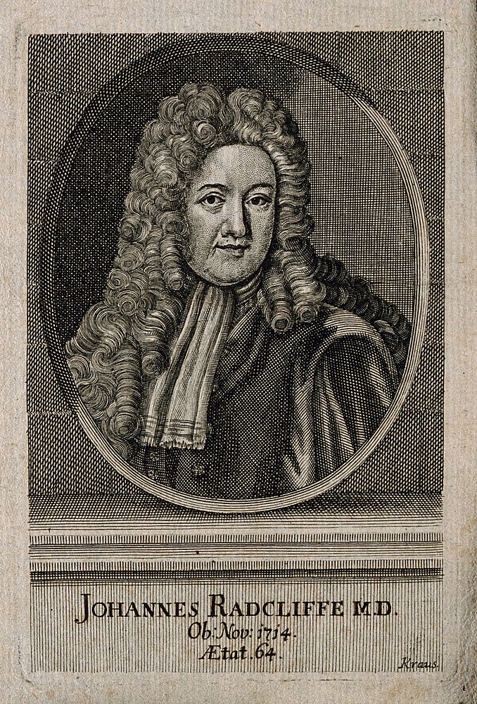 John Radcliffe. Line engraving by J.U. Kraus after Sir G. Kneller, 1710.