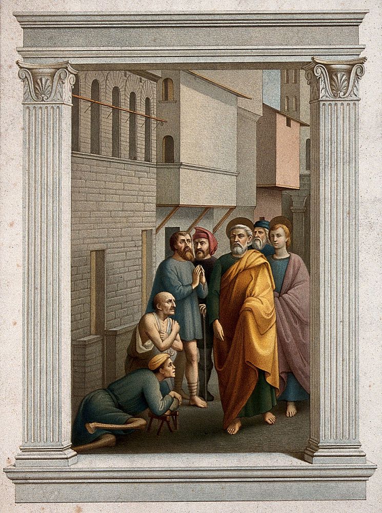 Saint Peter and Saint John healing the sick by their shadows. Chromolithograph by L. Gruner, 1863, after C. Mariannecci…