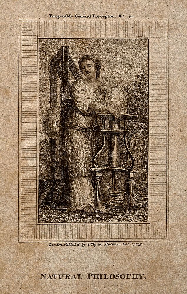 A female figure with a vacuum pump; representing physics or 'natural philosophy'. Stipple engraving, 1795, after C-N. Cochin…