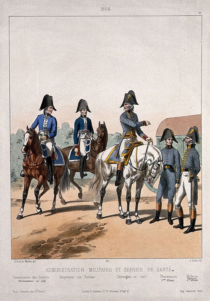 Five senior French army officers in military dress: two administrators, the chief surgeon, a pharmacist and a physician, ca.…