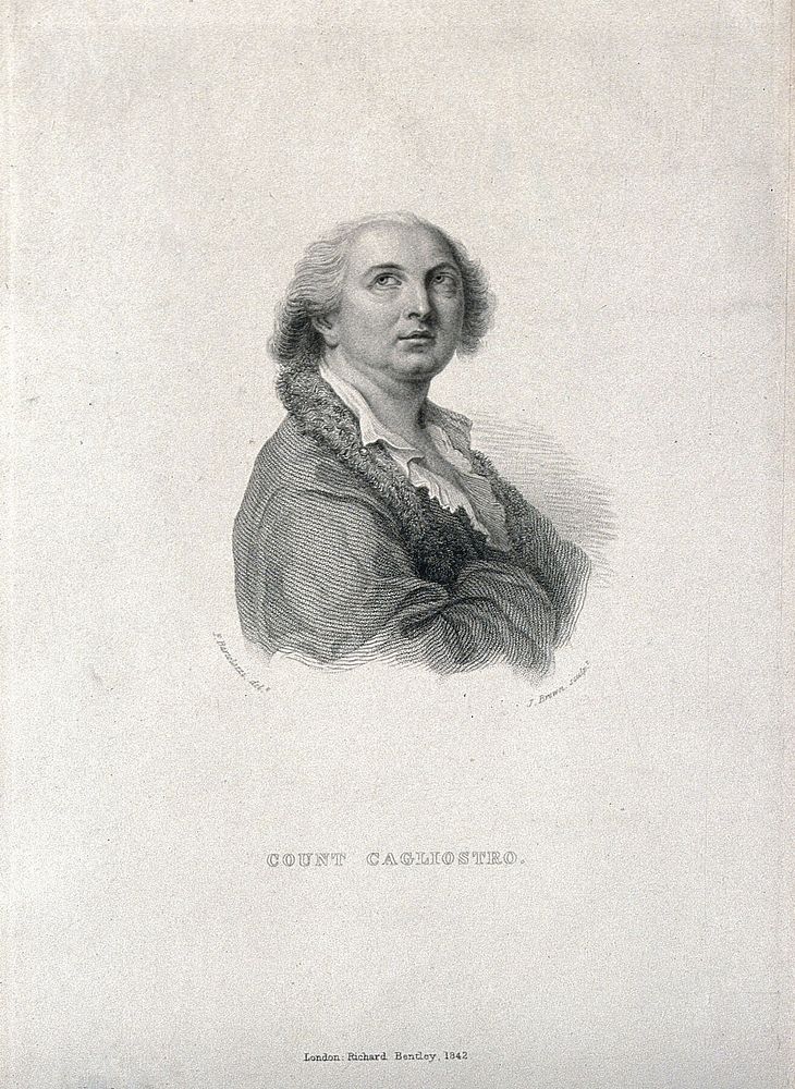 Giuseppe Balsamo, Count Cagliostro. Stipple engraving by J. Brown, 1842, after F. Bartolozzi.