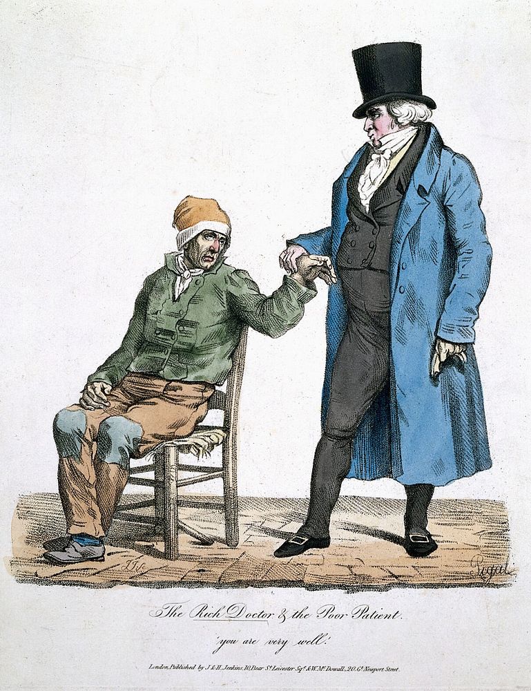 A rich physician feels the pulse of a poor, sick patient; he tells him he is fine. Coloured stipple engraving by J.J. after…