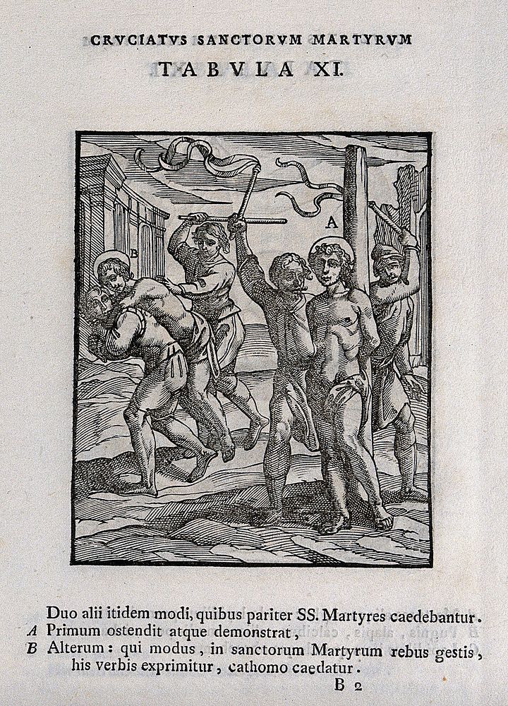 Martyrdom of two saints, bound and flogged. Woodcut.