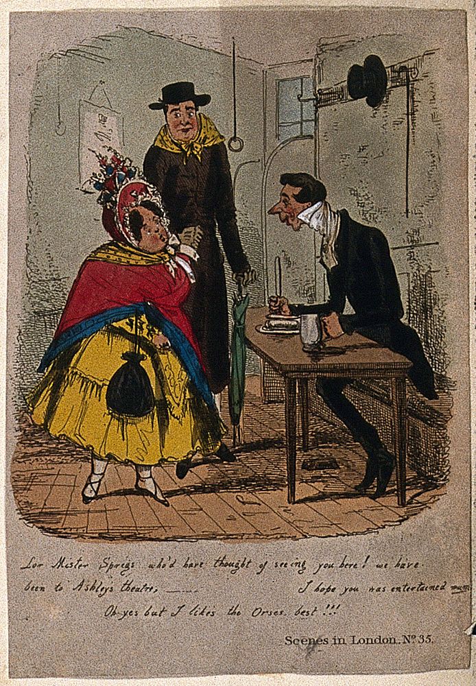 A woman wearing a bonnet and shawl accompanied by a man wearing a scarf around his neck are talking to a man sitting at a…
