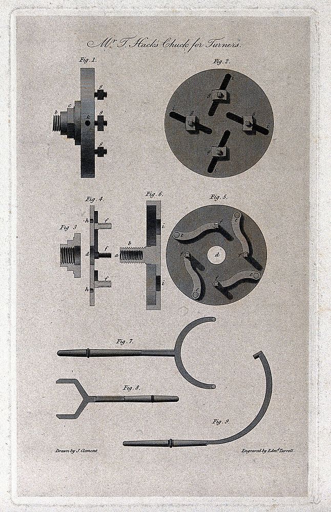 Engineering: a centring chuck mechanism for a lathe, elevations, cross-section, and details. Engraving by E. Turrell after…