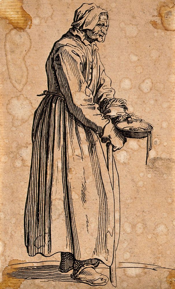 An old woman dressed in rags carrying a bowl in her left hand and a stick in her right hand. Etching possibly after J.…