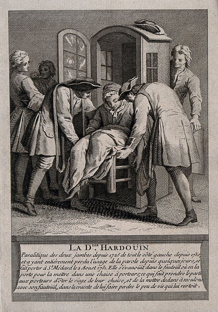 Mademoiselle Hardouin, a woman who is paralysed in both legs and has to be transported everywhere. Engraving.