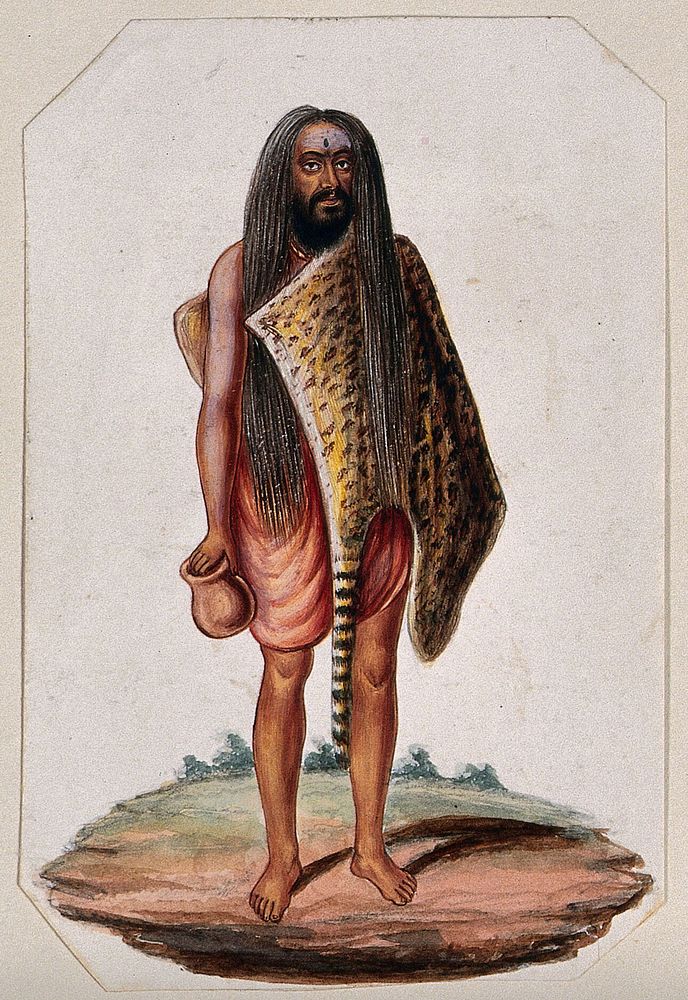 A Hindu ascetic or holy man: standing, wearing a short saffron robe and tigerskin. Gouache painting, ca. 1880 .