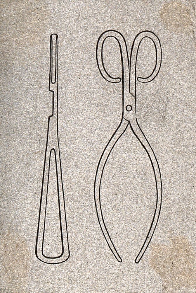 A surgical cutting instrument: two figures. Line engraving, 18--.