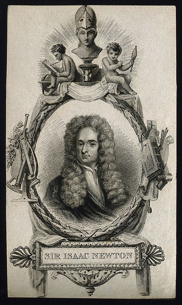 Sir Isaac Newton. Line engraving after Sir G. Kneller, 1702.