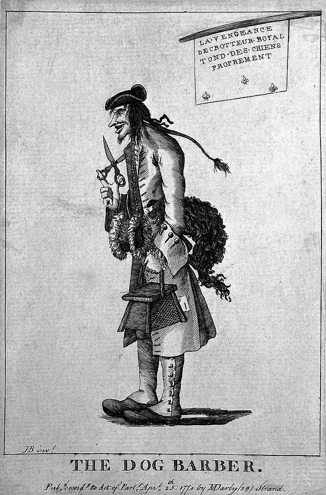 A French dog groomer standing in profile and carrying a pair of scissors, a wooden box and a poodle under his arm. Engraving…