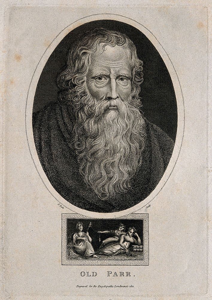 Thomas Parr, said to have lived 152 years, with the three fates. Engraving by T. Dale, 1821, after Sir P.P. Rubens.