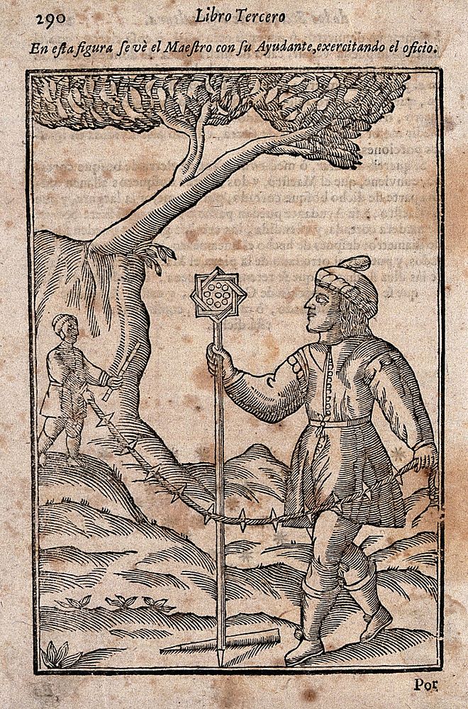 A man and his assistant holding a rope to survey a field. Woodcut, 15--.