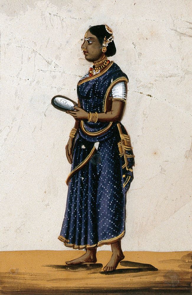 A barber's wife holding a mirror. Gouache painting on mica by an Indian artist.