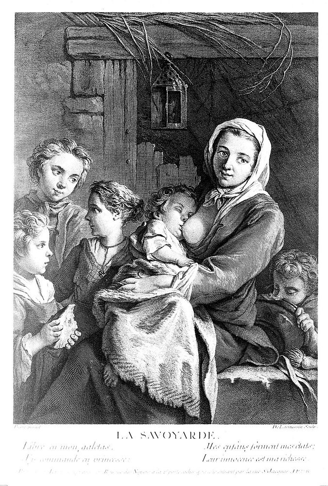 A poor woman in a dingy attic, surrounded by her children, one of whom she is breast-feeding. Engraving by N. de Larmessin…