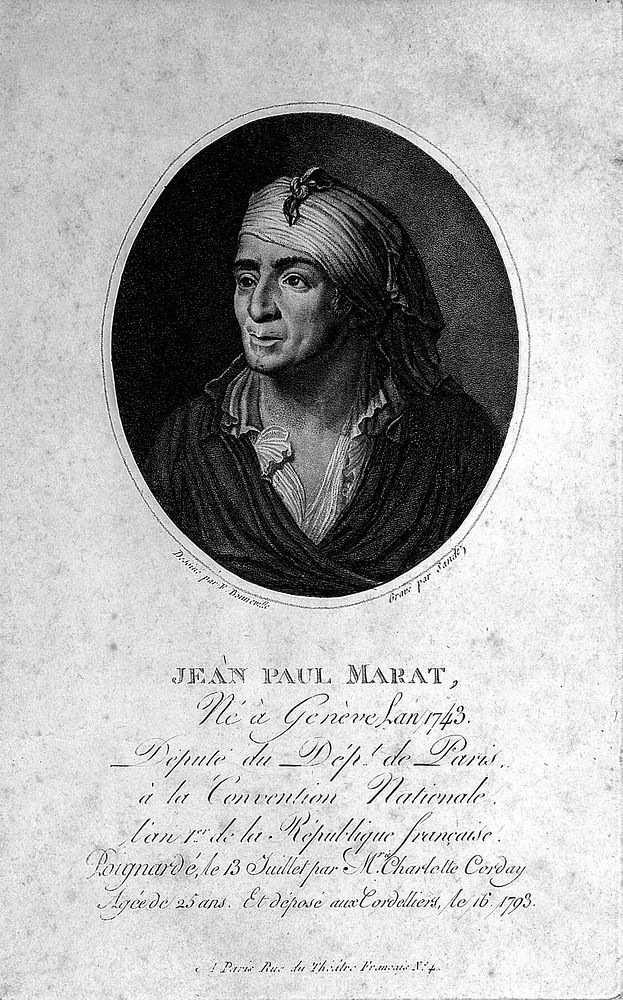 Jean Paul Marat. Stipple engraving by A. Sandoz after F. Bonneville after C.L. Desrais.