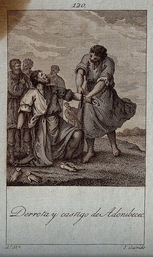 The defeat and mutilation of Adoni-bezek. Engraving by J. Garrido after A. Martinez.