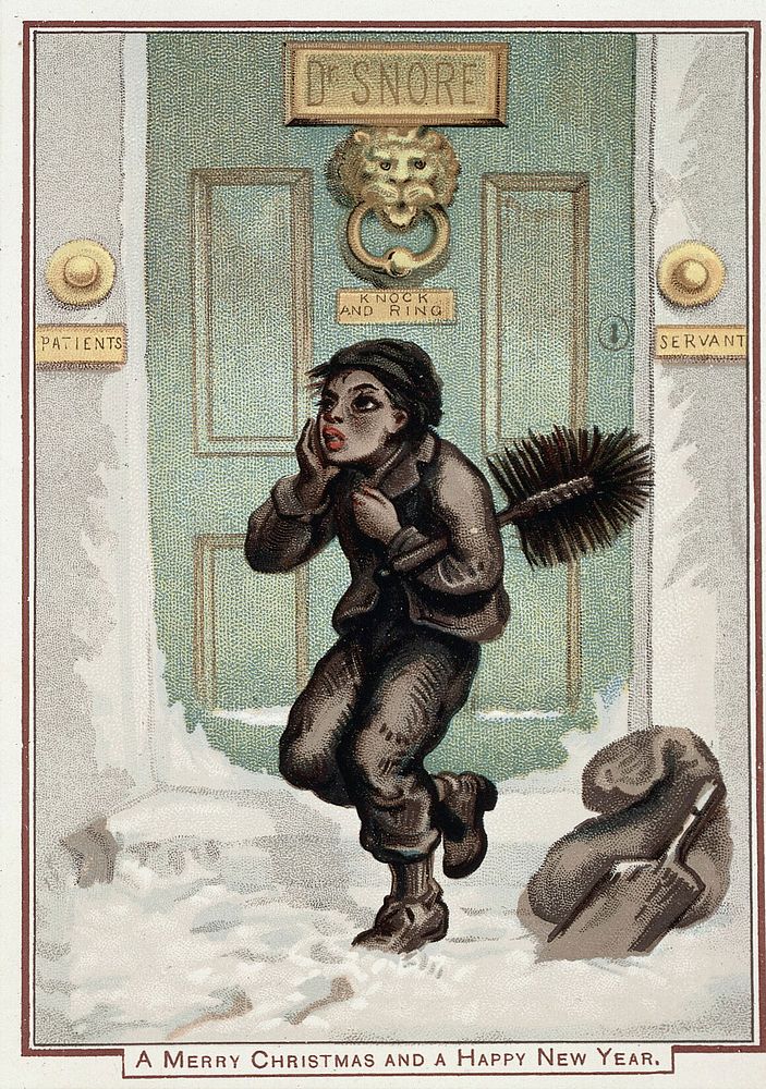 A doctor's front door, with a chimney sweep, in the snow. Chromolithograph by John Leighton ("Luke Limner").