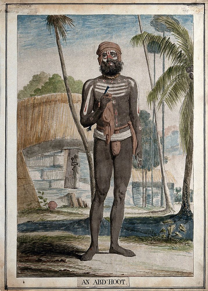 Fakir belonging to a sect known for occasional nudity, Calcutta, West Bengal. Coloured etching by François Balthazar…