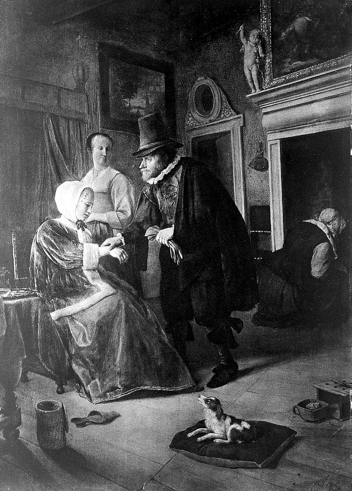 A physician taking a young woman's pulse, her mother is standing behind them, a basket for a urine flask is on the floor.…