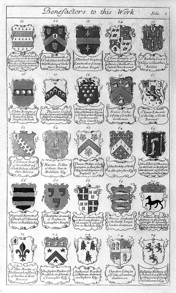 Engraving of arms of patrons from, Le Grand, An entire body of philosophy..., 1694