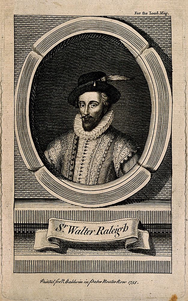 Sir Walter Raleigh. Line engraving, 1755, after J. Houbraken, 1739.