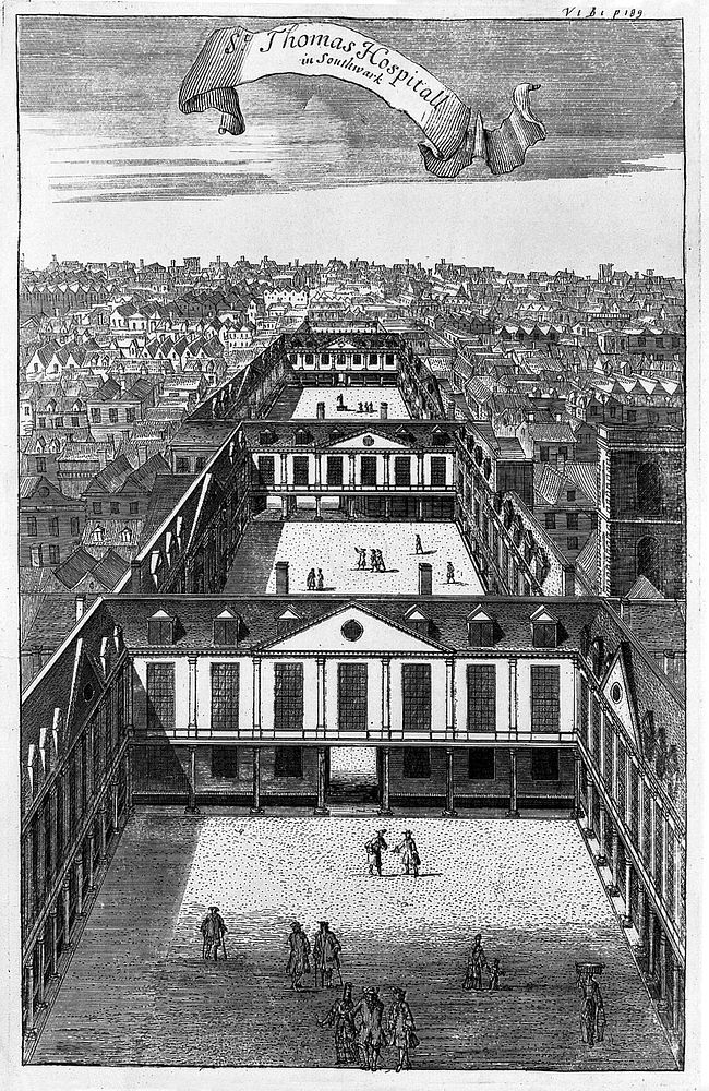Old St. Thomas's Hospital, Southwark: a bird's-eye view looking east over the three courtyards. Engraving.