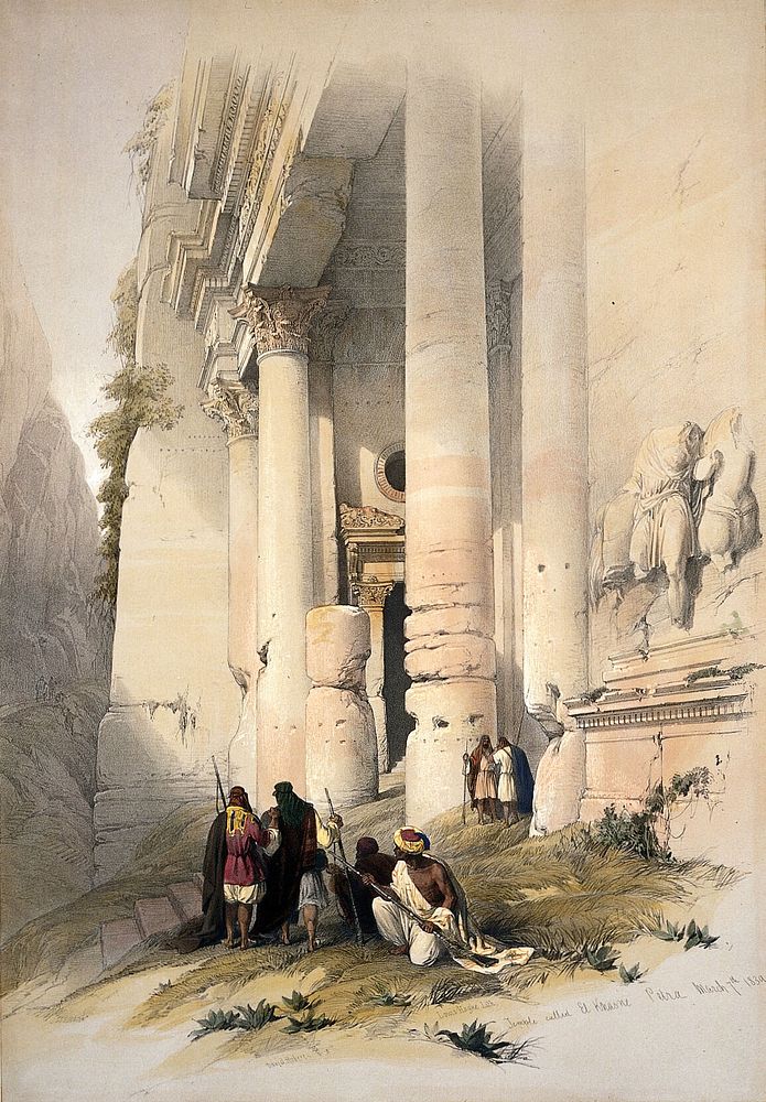 El Khasnè at Petra: side view of the lower part. Coloured lithograph by Louis Haghe after David Roberts, 1849.
