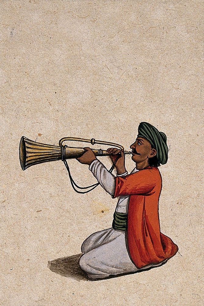 A musician playing a trumpet . Gouache painting by an Indian artist.