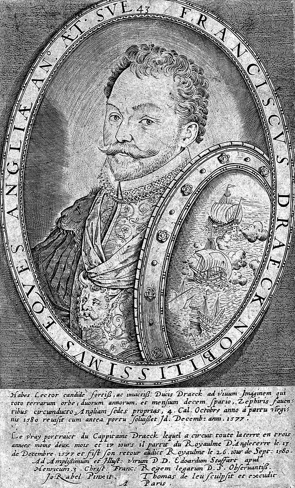 Sir Francis Drake. Line engraving by T. de Leu after J. Rabel.